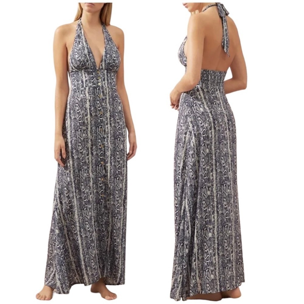 Heidi Klein Kenya Halter neck Maxi Dress Blue Snake‎ Skin Print Women's Large